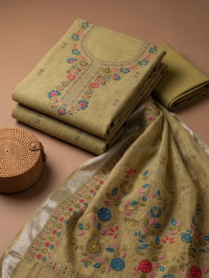 Mehndi Printed Chanderi Unstitched Suit &amp; Pant With Chanderi Dupatta