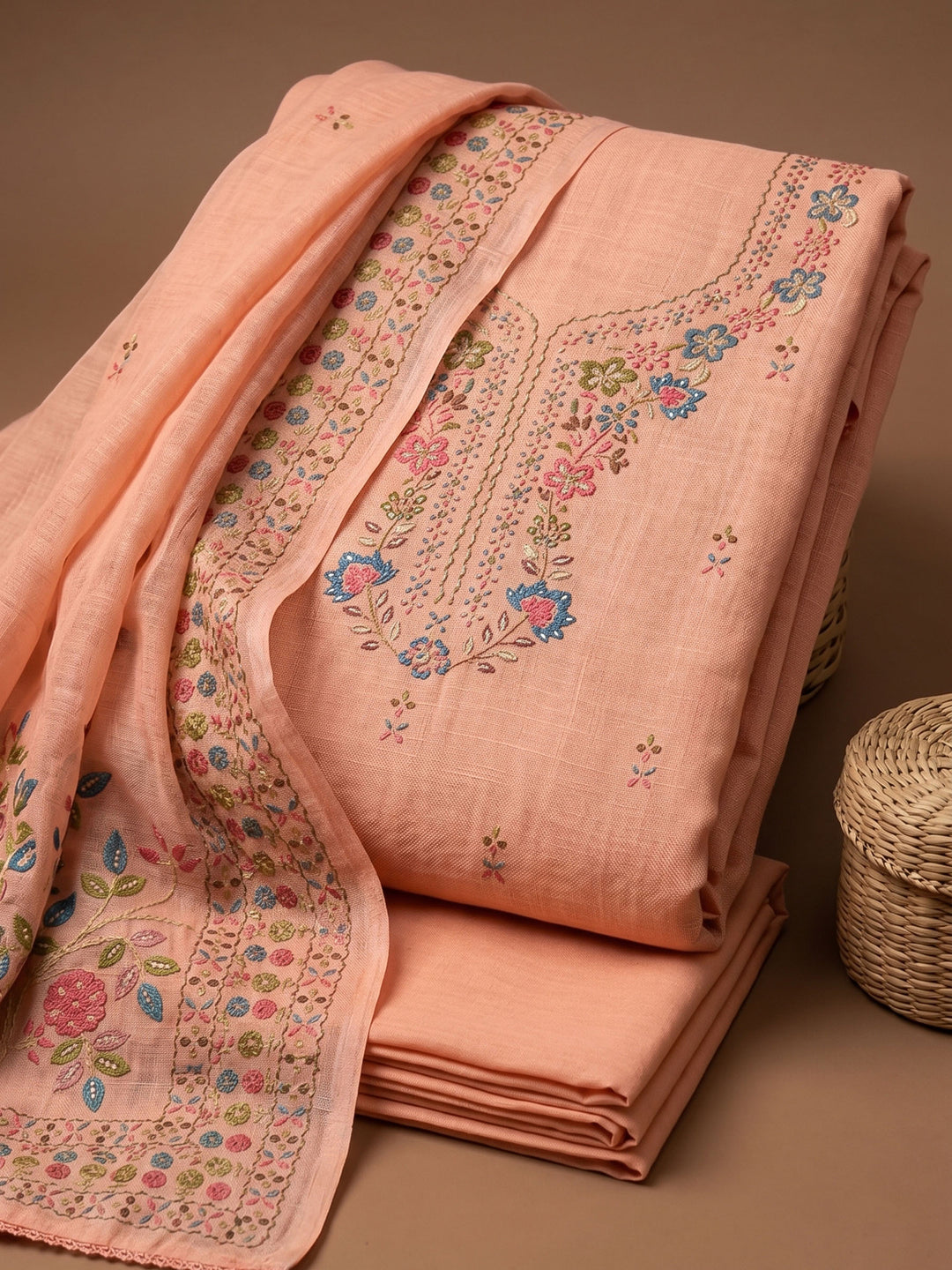 Peach Printed Chanderi Unstitched Suit &amp; Pant With Chanderi Dupatta