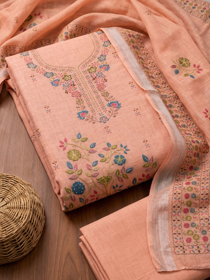 Peach Printed Chanderi Unstitched Suit &amp; Pant With Chanderi Dupatta