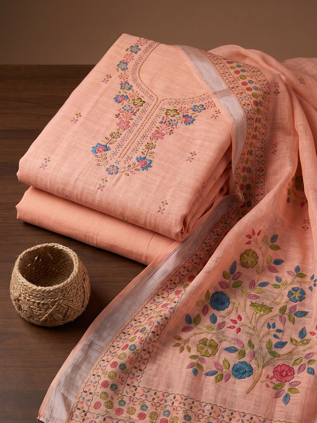 Peach Printed Chanderi Unstitched Suit &amp; Pant With Chanderi Dupatta
