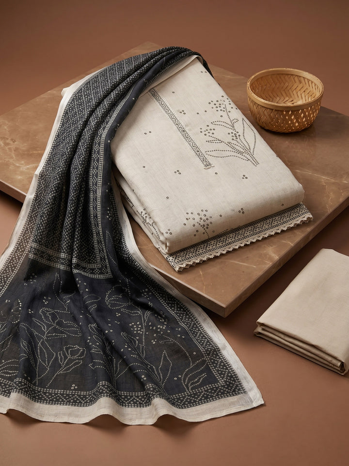Beige Embroidered Chanderi Unstitched Suit &amp; Pant With Chanderi Dupatta