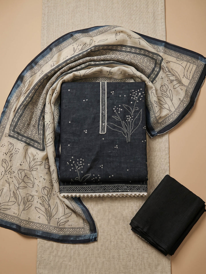 Black Embroidered Chanderi Unstitched Suit &amp; Pant With Chanderi Dupatta