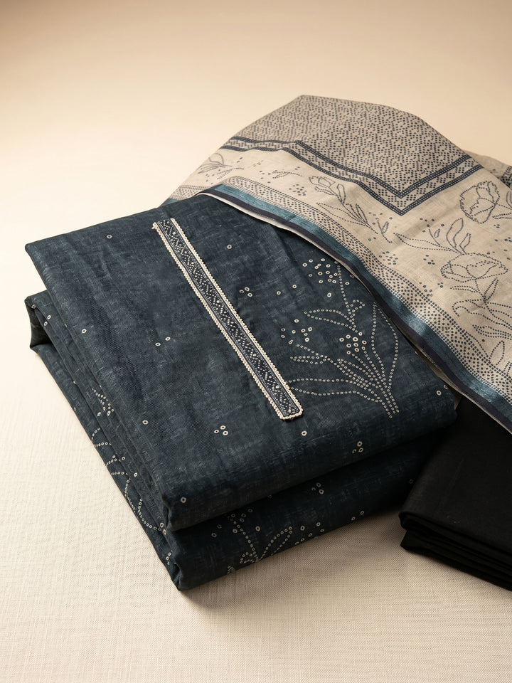Black Embroidered Chanderi Unstitched Suit &amp; Pant With Chanderi Dupatta