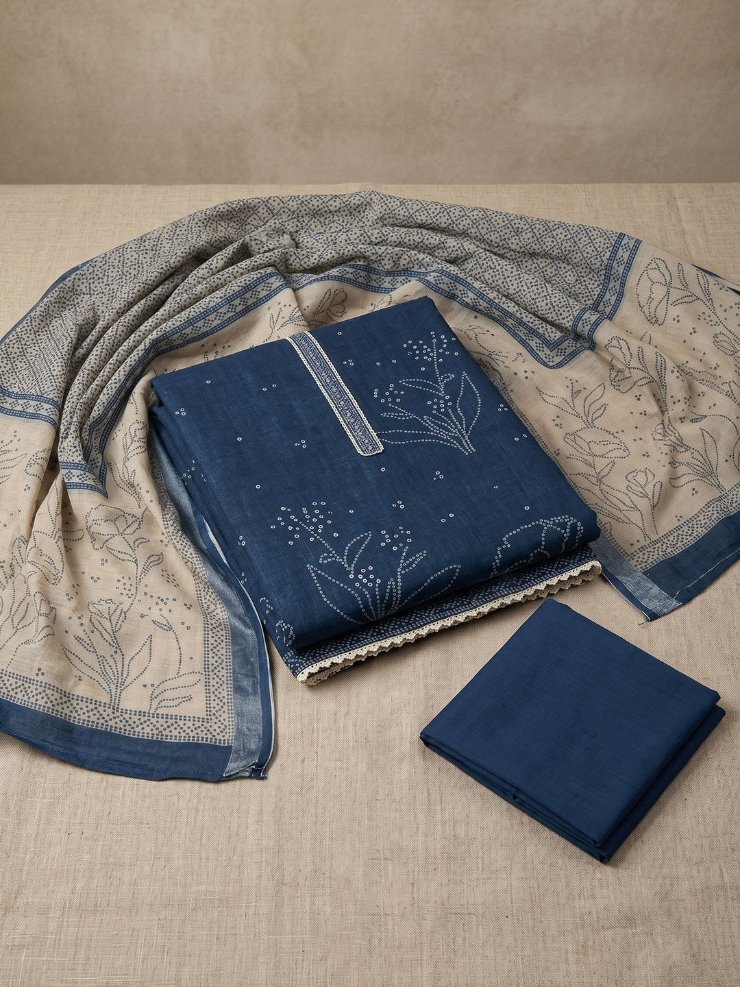 Blue Embroidered Chanderi Unstitched Suit &amp; Pant With Chanderi Dupatta