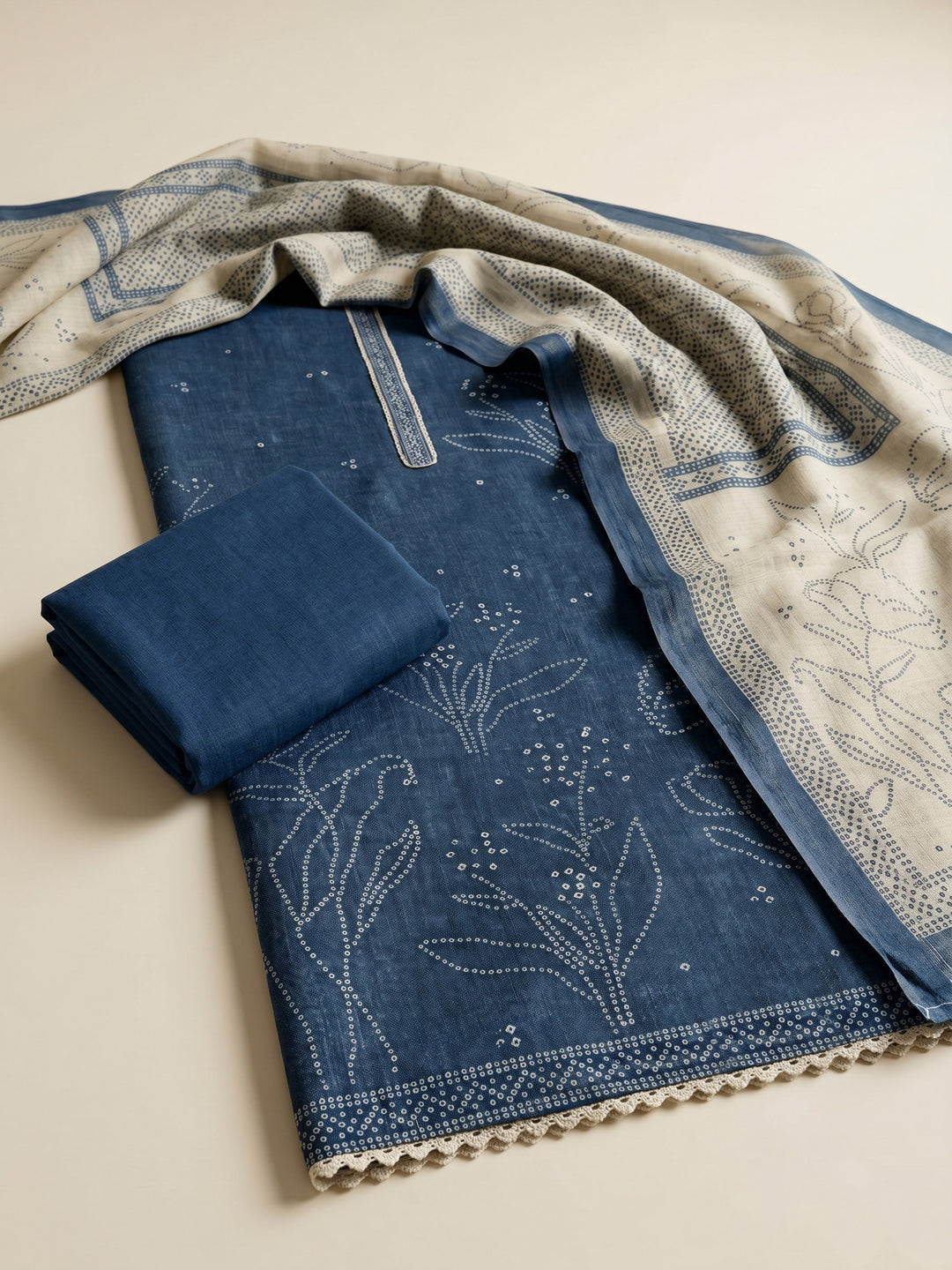 Blue Embroidered Chanderi Unstitched Suit &amp; Pant With Chanderi Dupatta