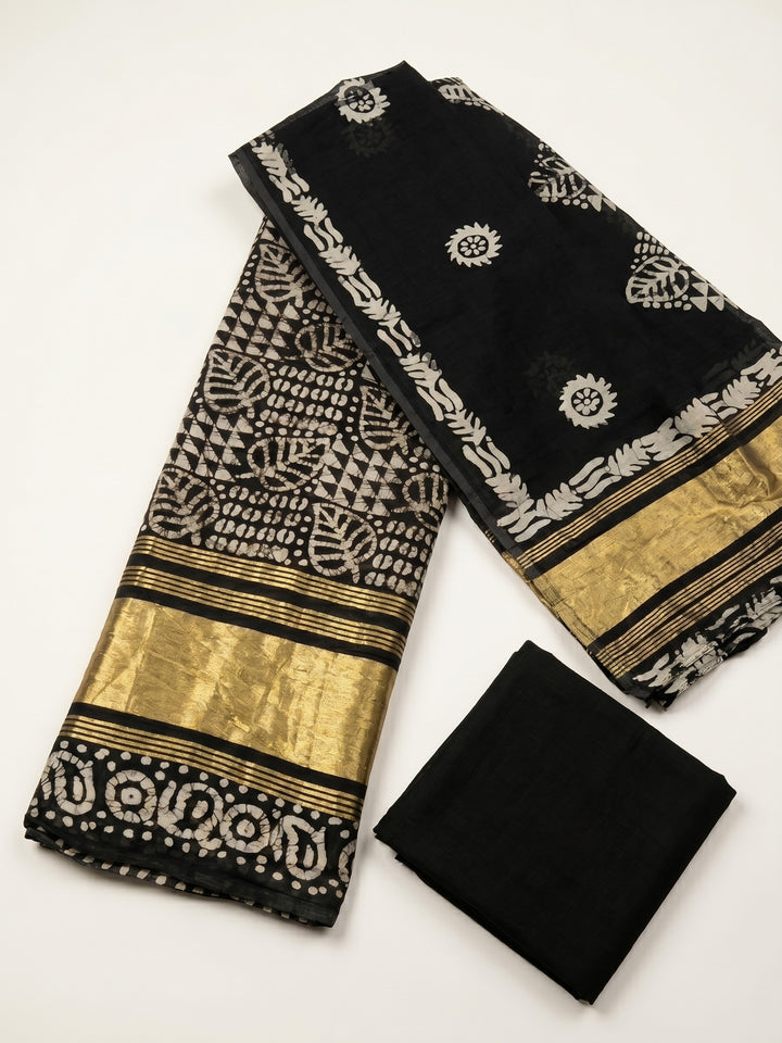 Black Printed Cotton Blend Unstitched Suit &amp; Pant With Cotton Dupatta