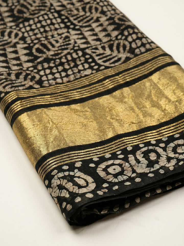 Black Printed Cotton Blend Unstitched Suit &amp; Pant With Cotton Dupatta
