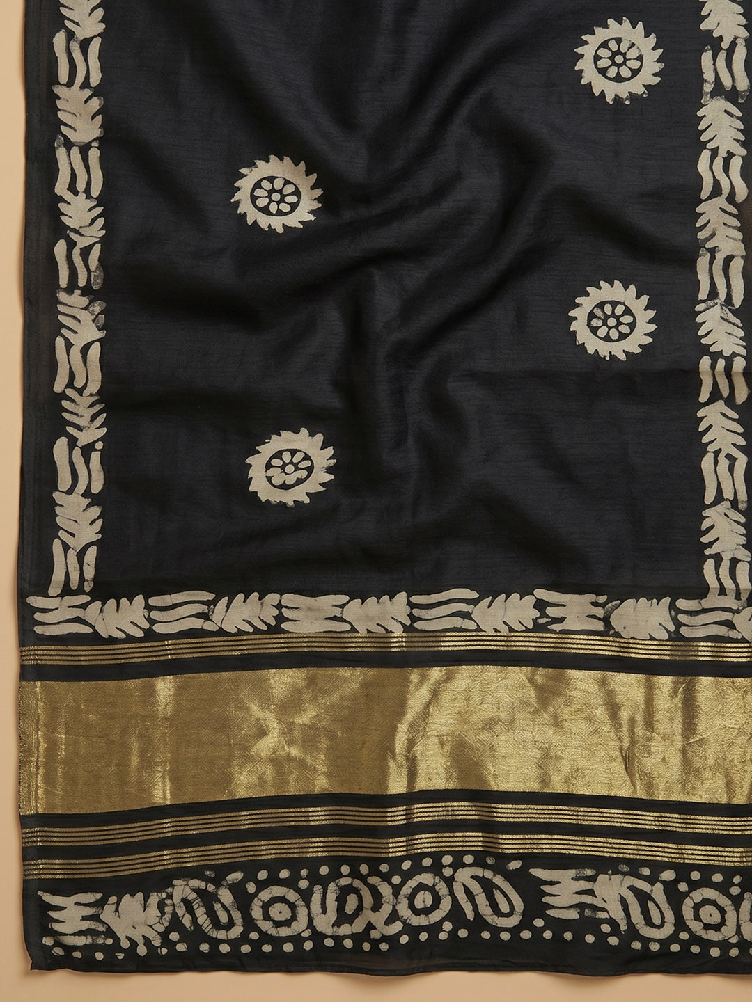 Black Printed Cotton Blend Unstitched Suit &amp; Pant With Cotton Dupatta