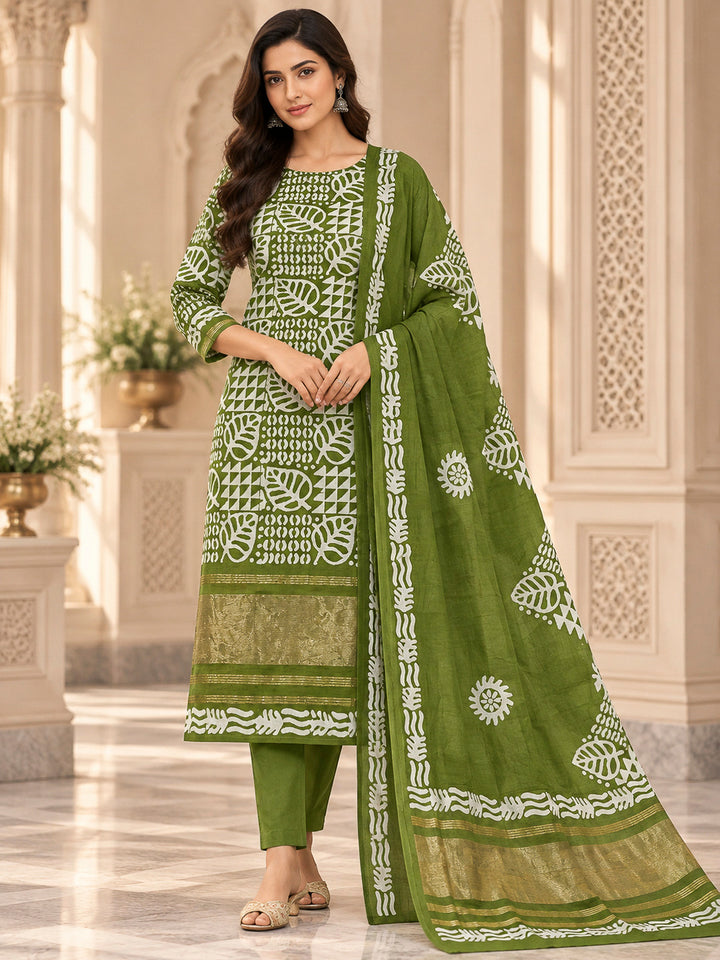 Mehndi Cotton Blend Printed Unstitched Dress Material