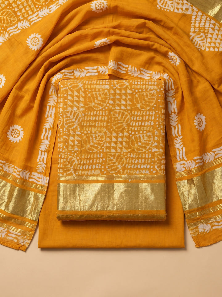 Mustard Printed Cotton Blend Unstitched Suit &amp; Pant With Cotton Dupatta