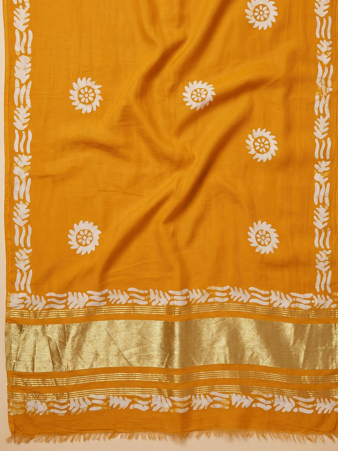 Mustard Printed Cotton Blend Unstitched Suit &amp; Pant With Cotton Dupatta