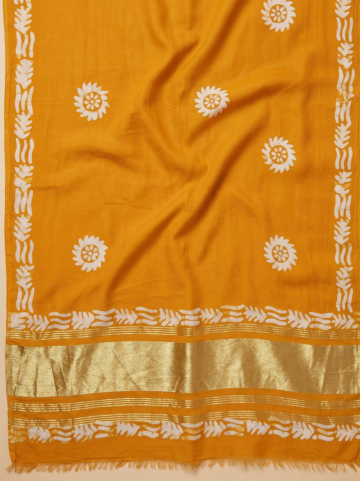 Mustard Printed Cotton Blend Unstitched Suit &amp; Pant With Cotton Dupatta