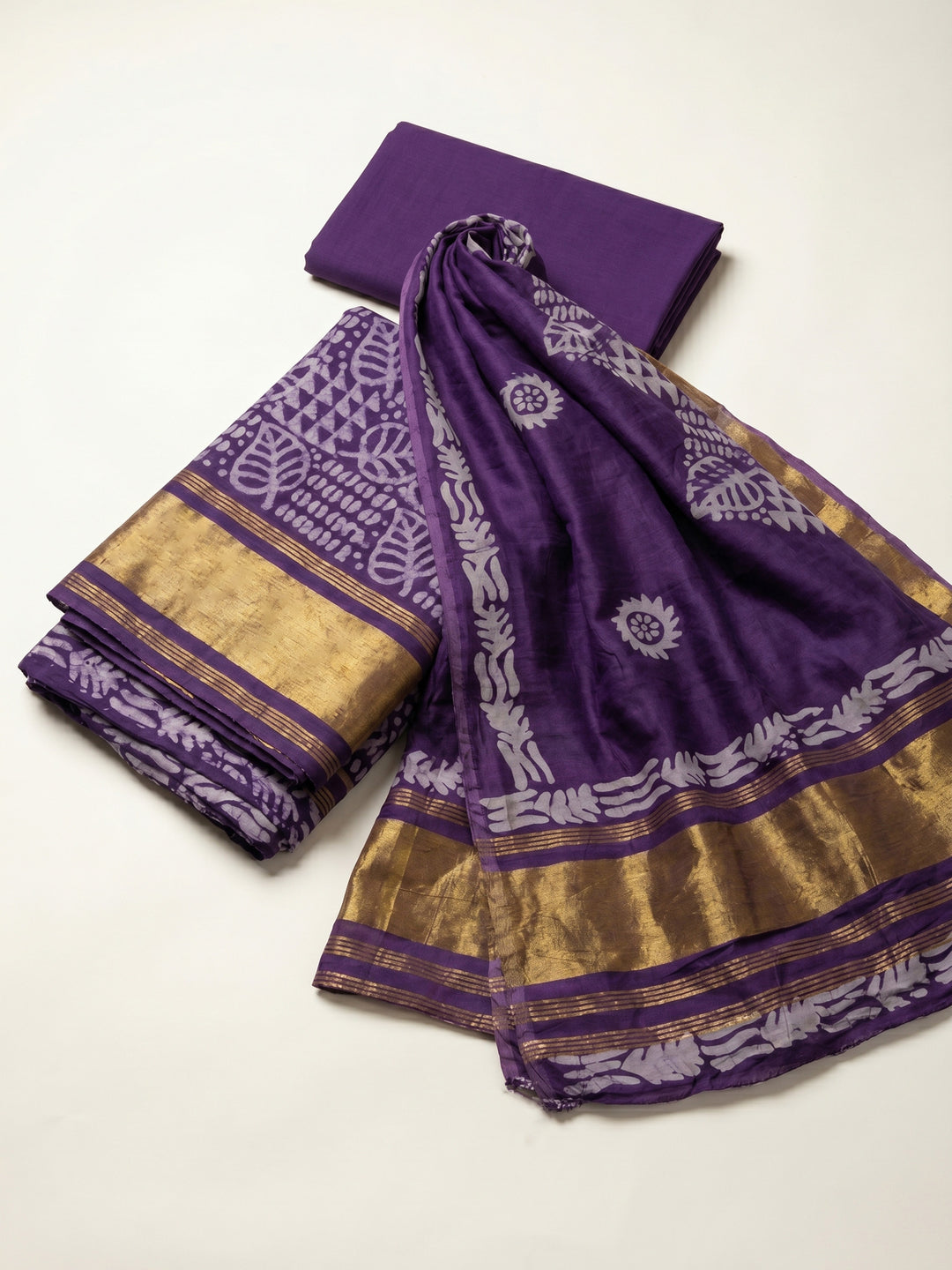 Purple Printed Cotton Blend Unstitched Suit &amp; Pant With Cotton Dupatta