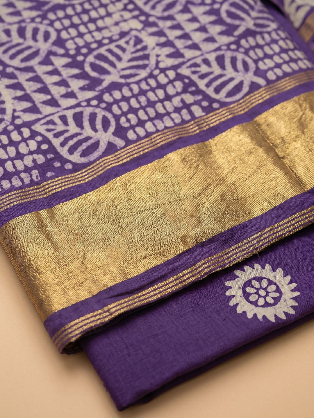 Purple Printed Cotton Blend Unstitched Suit &amp; Pant With Cotton Dupatta