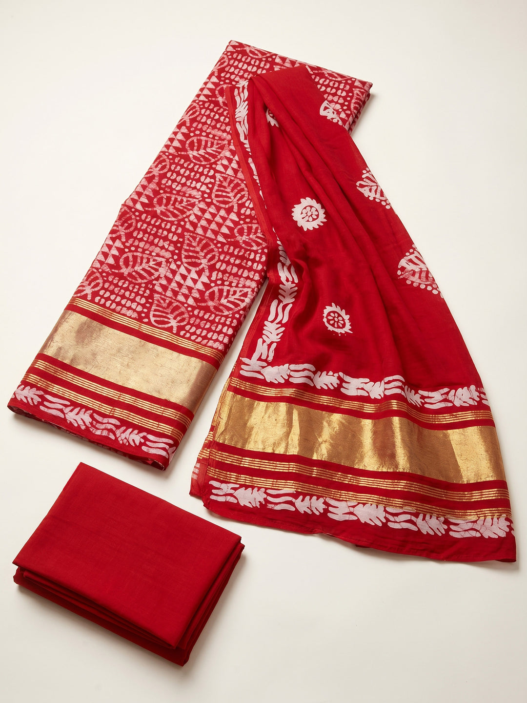 Red Printed Cotton Blend Unstitched Suit &amp; Pant With Cotton Dupatta