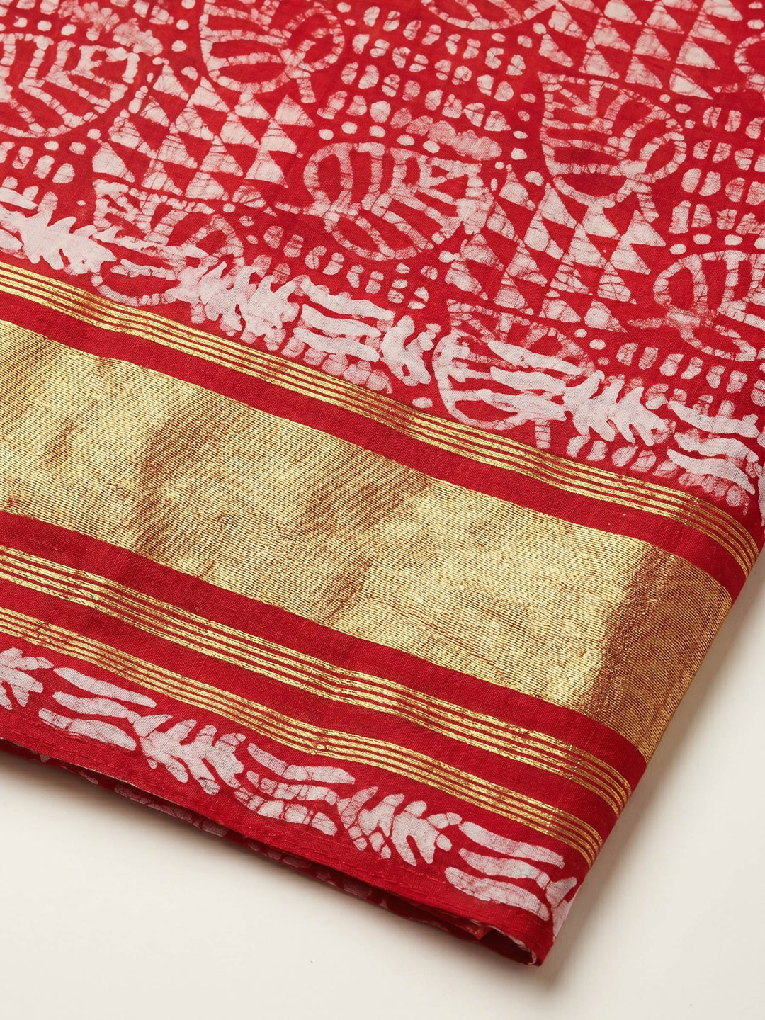 Red Printed Cotton Blend Unstitched Suit &amp; Pant With Cotton Dupatta