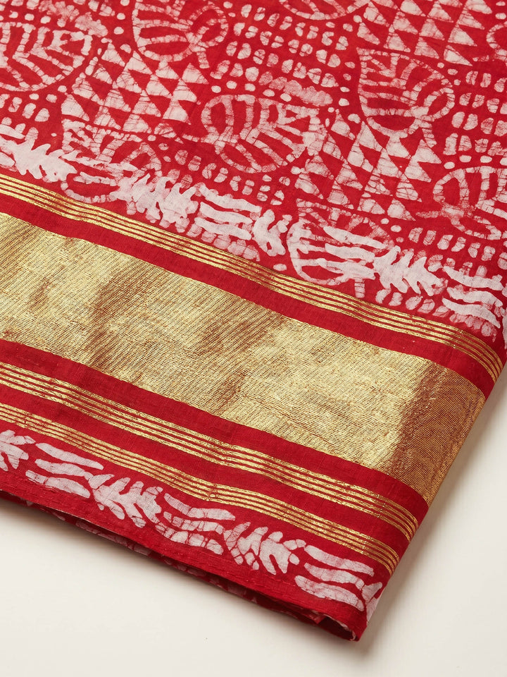Red Printed Cotton Blend Unstitched Suit &amp; Pant With Cotton Dupatta
