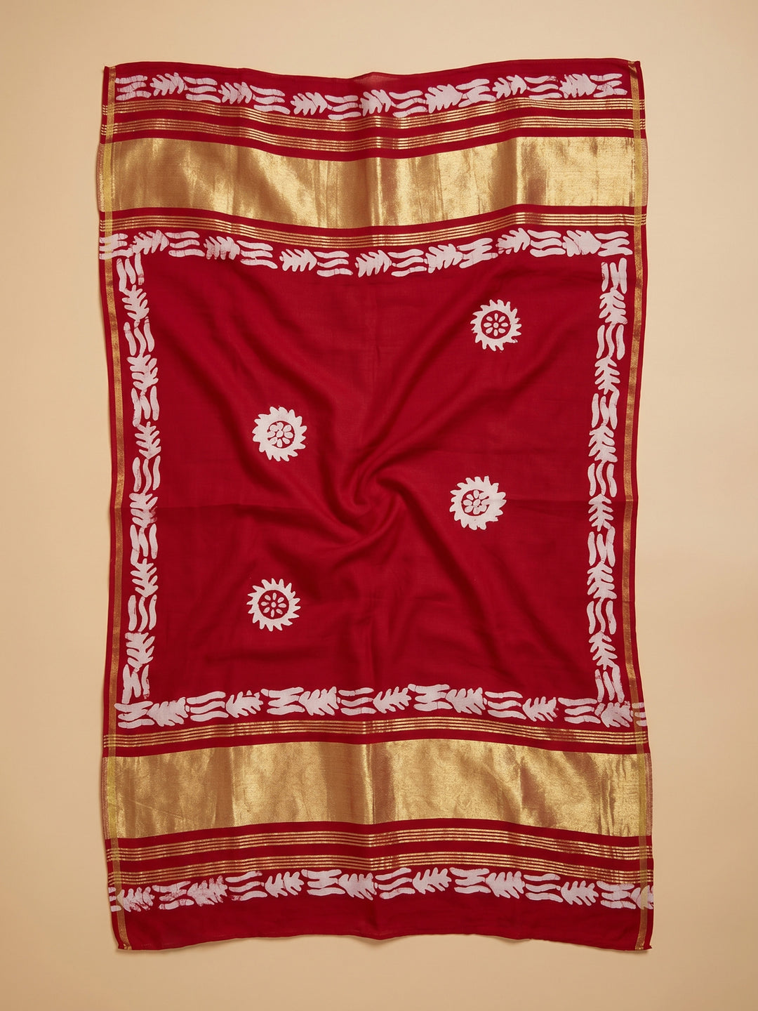 Red Printed Cotton Blend Unstitched Suit &amp; Pant With Cotton Dupatta