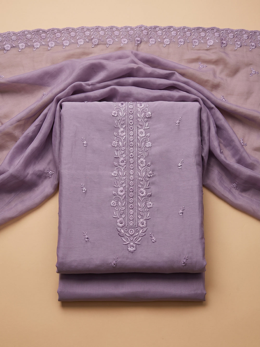 Lavender Embroidered Chanderi Unstitched Suit &amp; Pant With Chanderi Dupatta