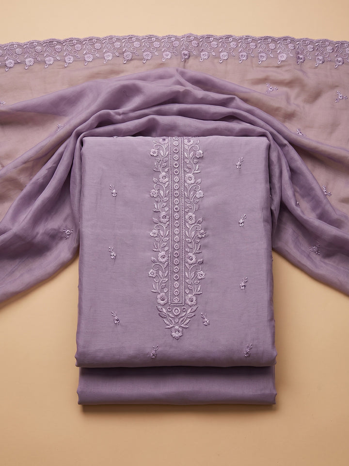 Lavender Embroidered Chanderi Unstitched Suit &amp; Pant With Chanderi Dupatta