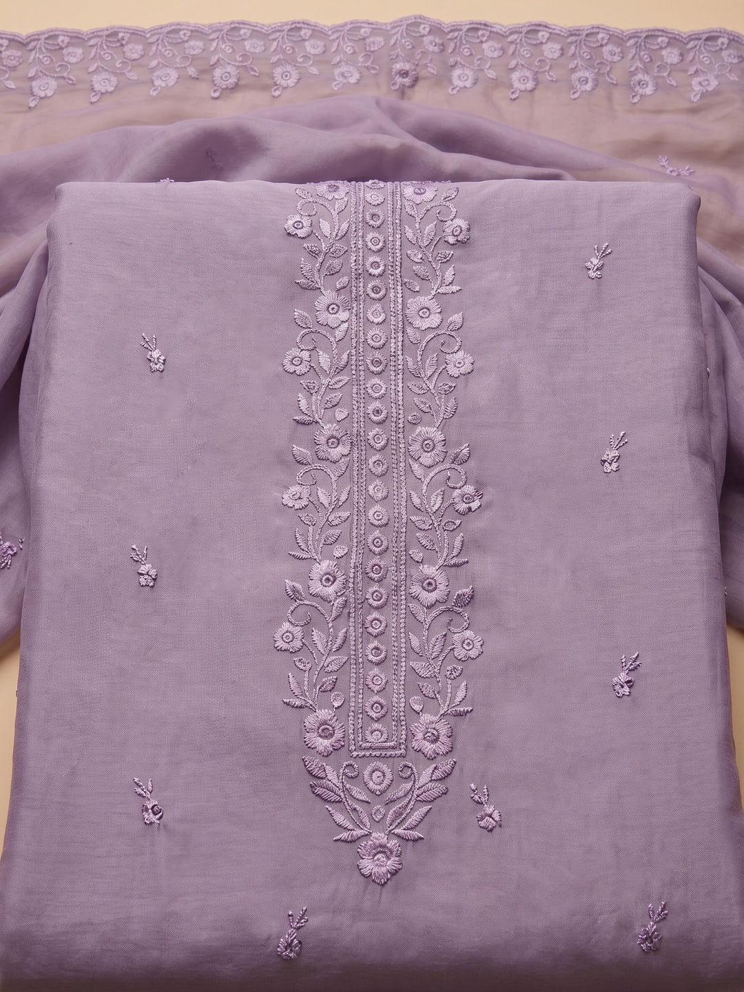 Lavender Embroidered Chanderi Unstitched Suit &amp; Pant With Chanderi Dupatta