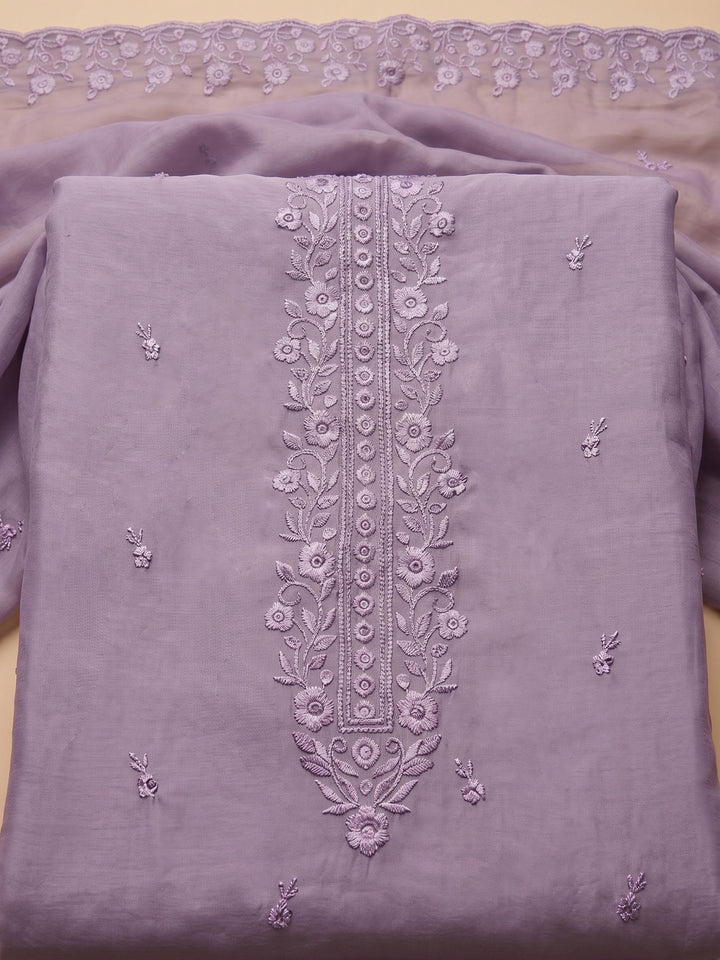 Lavender Embroidered Chanderi Unstitched Suit &amp; Pant With Chanderi Dupatta