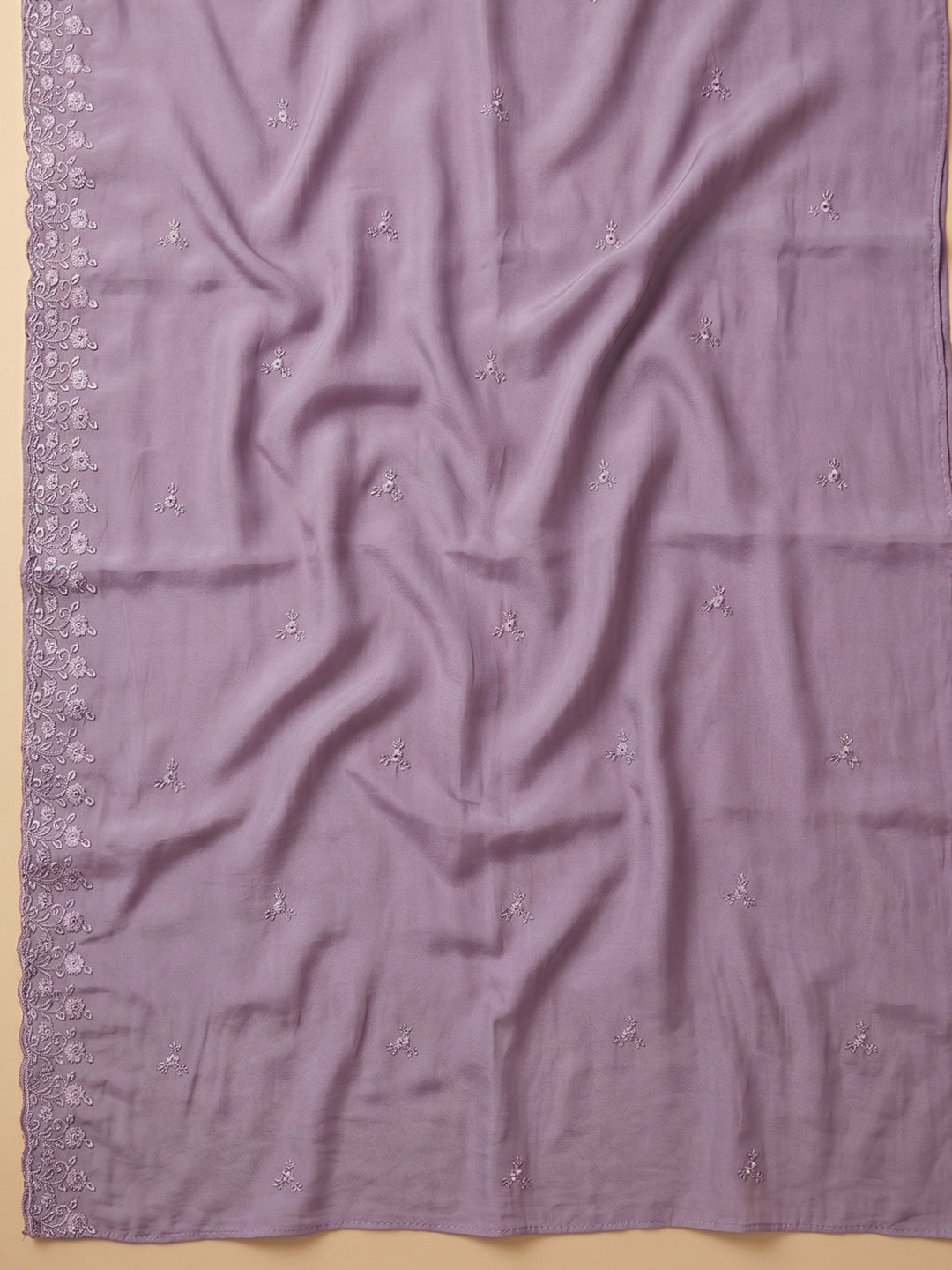 Lavender Embroidered Chanderi Unstitched Suit &amp; Pant With Chanderi Dupatta