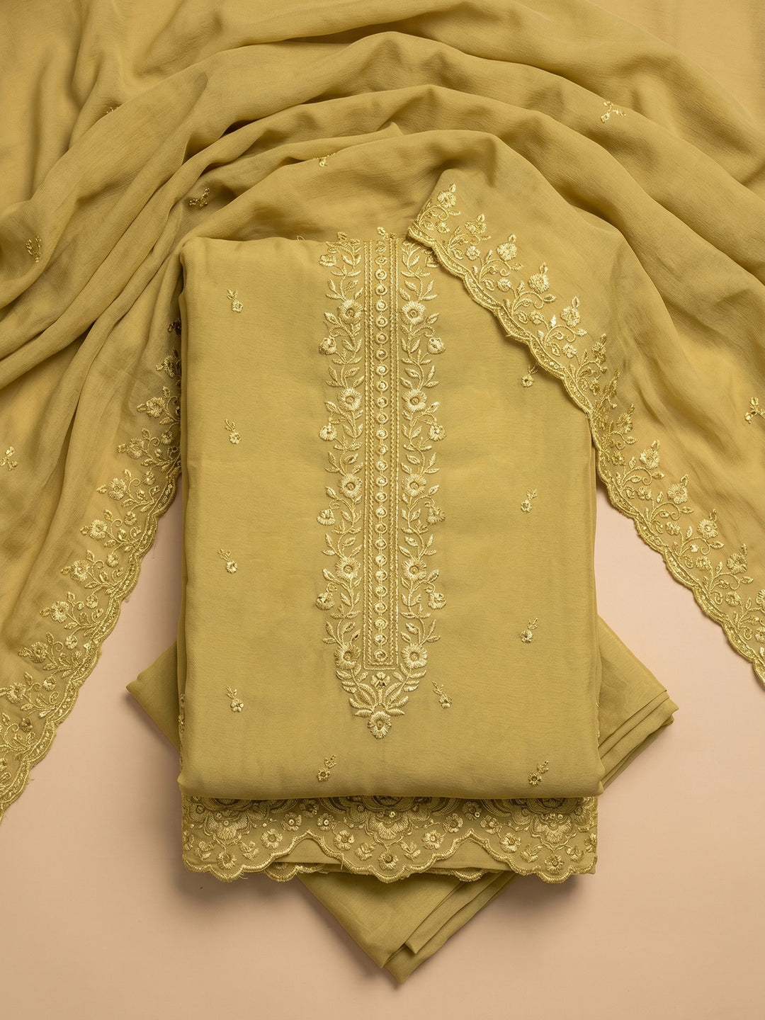 Mustard Embroidered Chanderi Unstitched Suit &amp; Pant With Chanderi Dupatta
