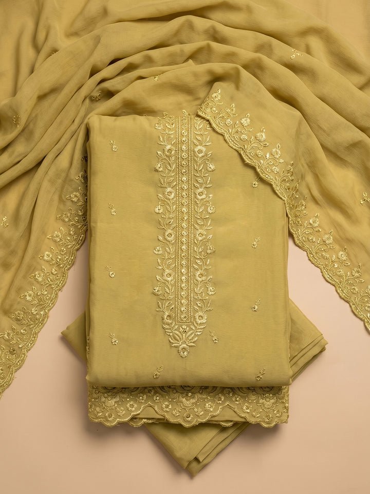 Mustard Embroidered Chanderi Unstitched Suit &amp; Pant With Chanderi Dupatta