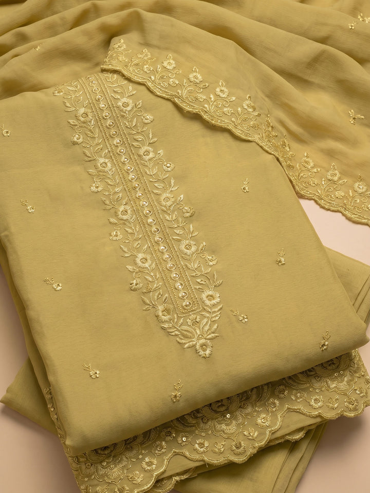 Mustard Embroidered Chanderi Unstitched Suit &amp; Pant With Chanderi Dupatta