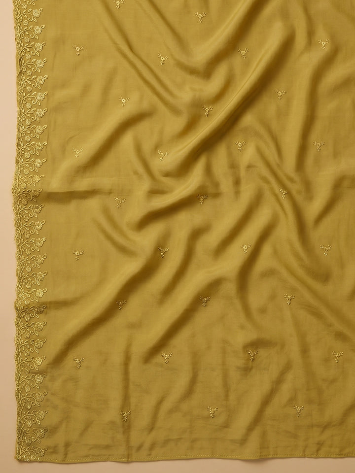 Mustard Embroidered Chanderi Unstitched Suit &amp; Pant With Chanderi Dupatta