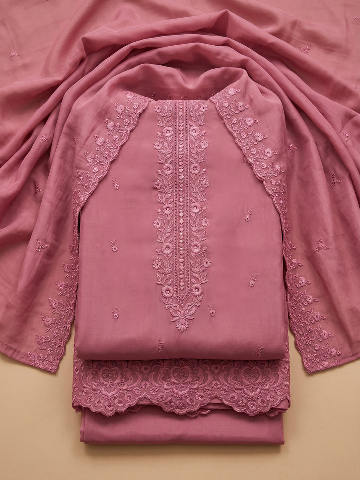 Onion Pink Embroidered Chanderi Unstitched Suit &amp; Pant With Chanderi Dupatta