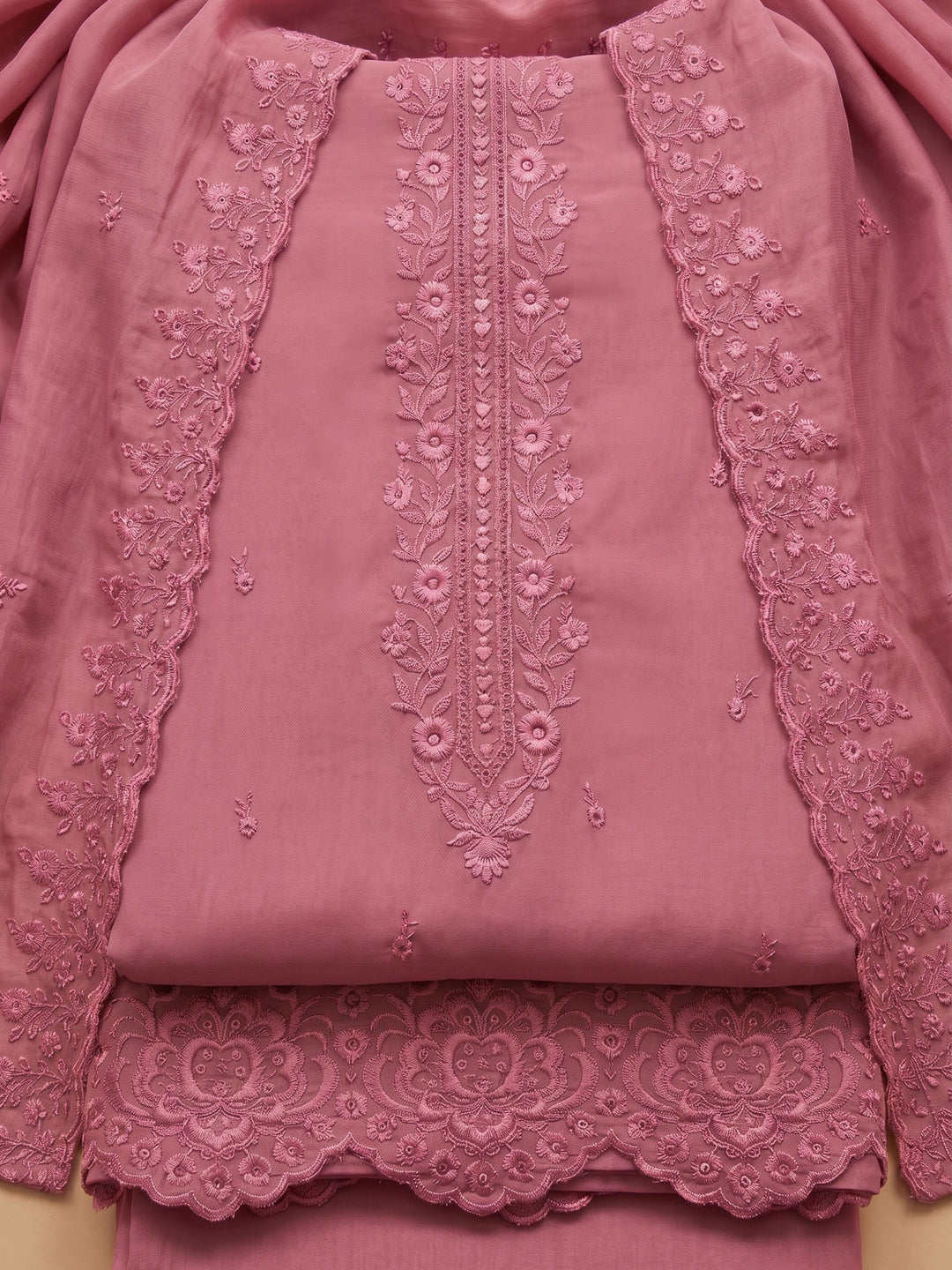 Onion Pink Embroidered Chanderi Unstitched Suit &amp; Pant With Chanderi Dupatta