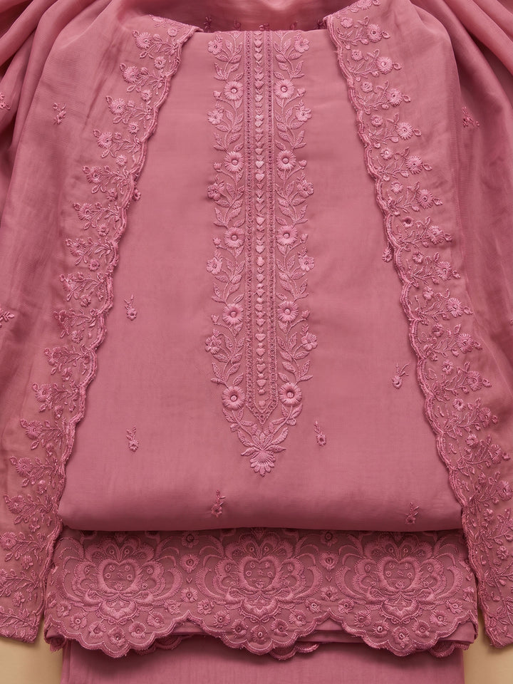 Onion Pink Embroidered Chanderi Unstitched Suit &amp; Pant With Chanderi Dupatta
