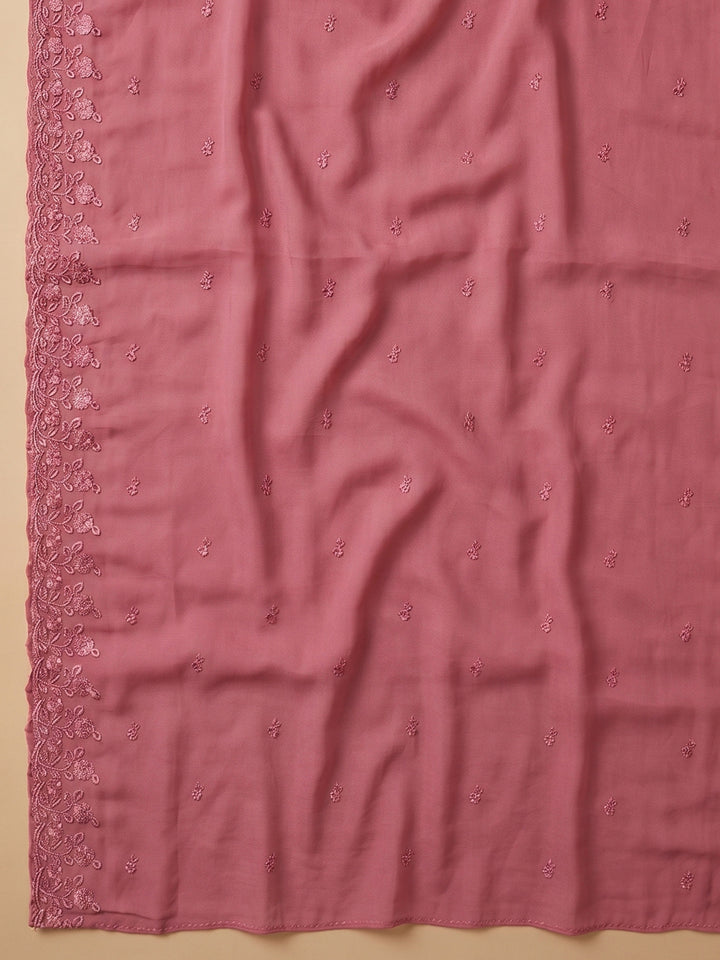 Onion Pink Embroidered Chanderi Unstitched Suit &amp; Pant With Chanderi Dupatta