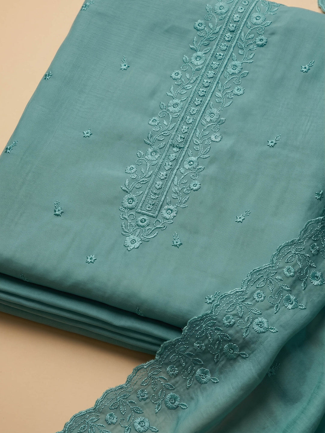 Rama Green Embroidered Chanderi Unstitched Suit &amp; Pant With Chanderi Dupatta