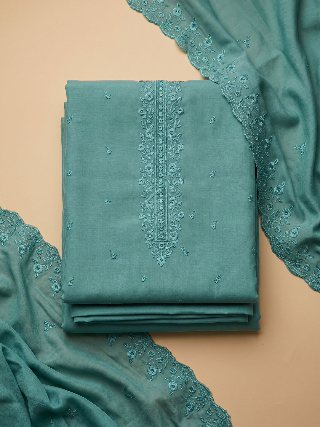 Rama Green Embroidered Chanderi Unstitched Suit &amp; Pant With Chanderi Dupatta