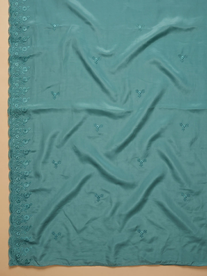 Rama Green Embroidered Chanderi Unstitched Suit &amp; Pant With Chanderi Dupatta