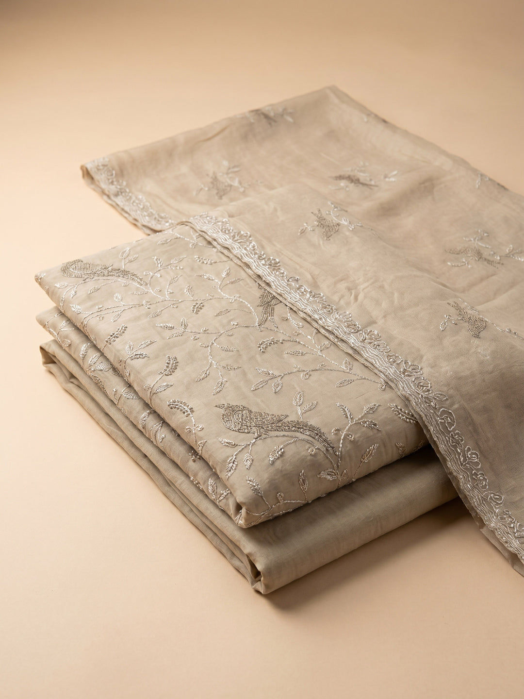 Cream Embroidered Chanderi Unstitched Suit &amp; Pant With Chanderi Dupatta