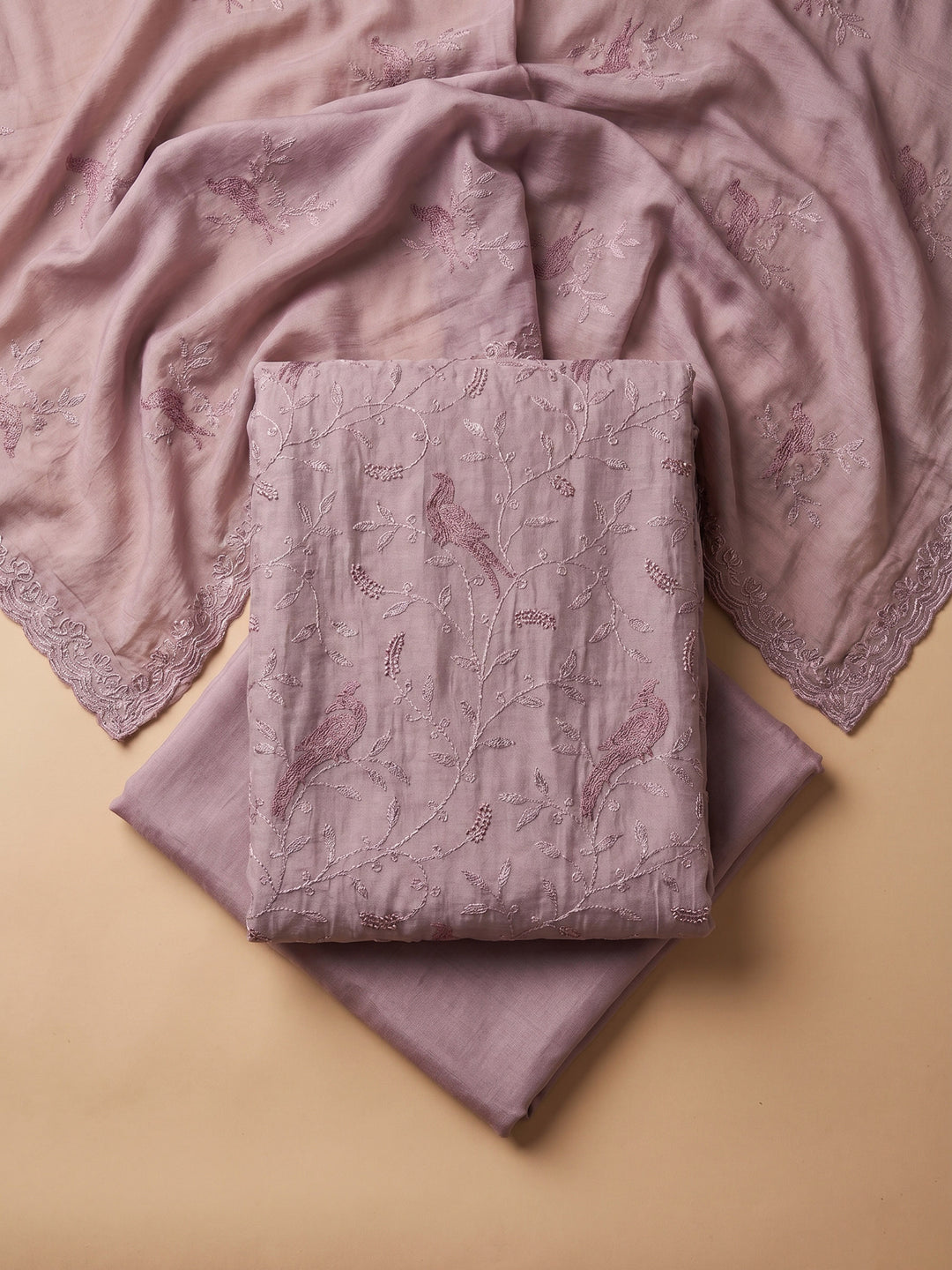Lavender Embroidered Chanderi Unstitched Suit &amp; Pant With Chanderi Dupatta