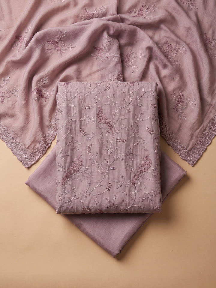 Lavender Embroidered Chanderi Unstitched Suit &amp; Pant With Chanderi Dupatta