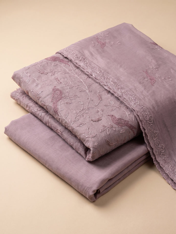 Lavender Embroidered Chanderi Unstitched Suit &amp; Pant With Chanderi Dupatta