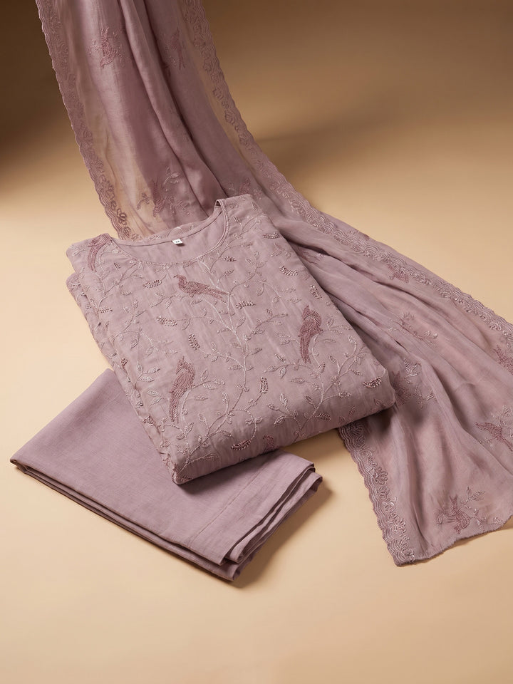 Lavender Embroidered Chanderi Unstitched Suit &amp; Pant With Chanderi Dupatta