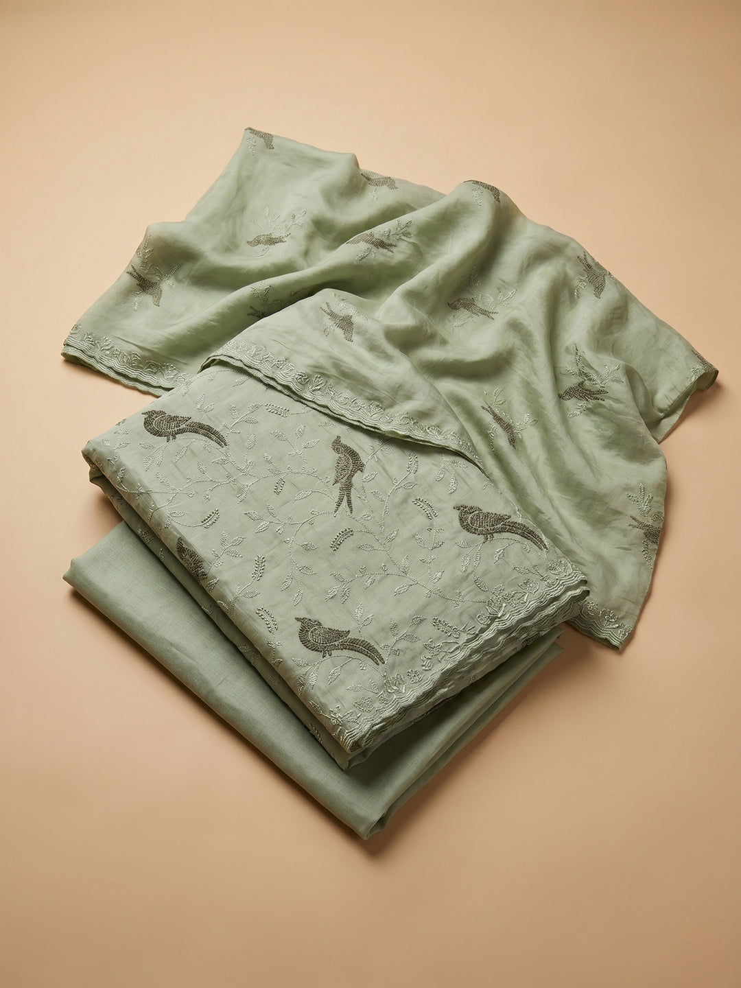 Pista Green Embroidered Chanderi Unstitched Suit &amp; Pant With Chanderi Dupatta