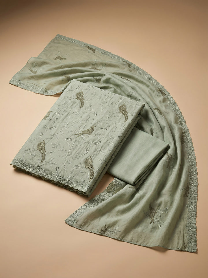 Pista Green Embroidered Chanderi Unstitched Suit &amp; Pant With Chanderi Dupatta