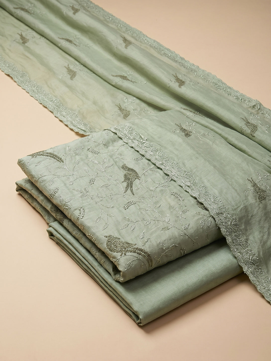 Pista Green Embroidered Chanderi Unstitched Suit &amp; Pant With Chanderi Dupatta