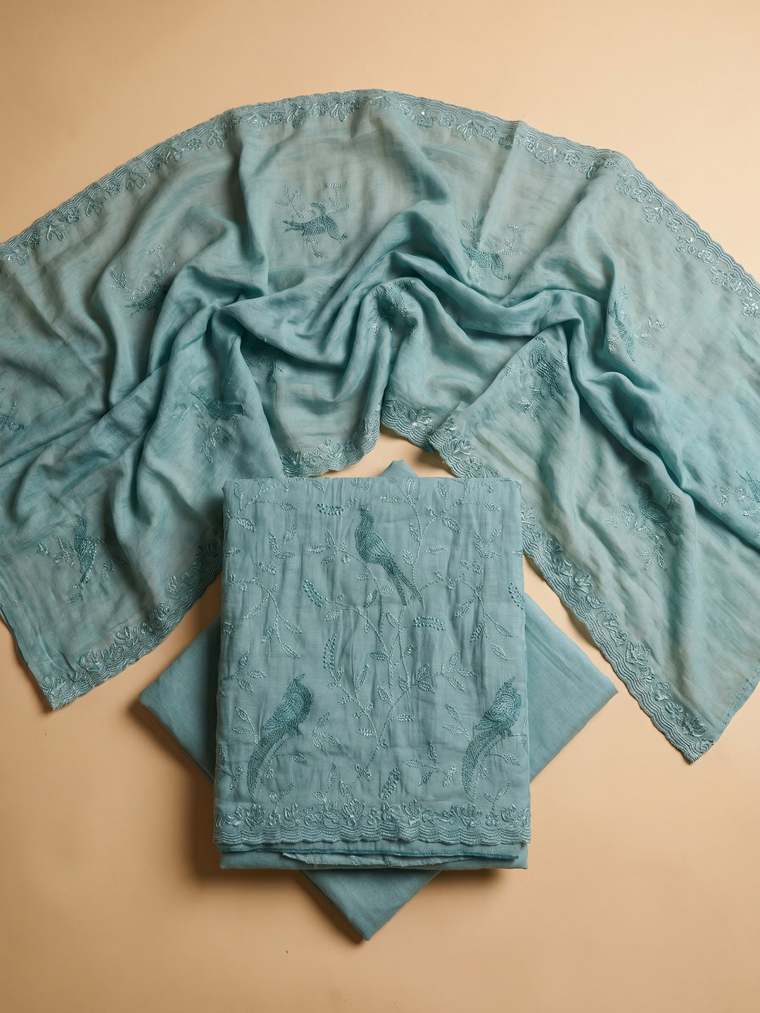 Sky Blue Embroidered Chanderi Unstitched Suit &amp; Pant With Chanderi Dupatta