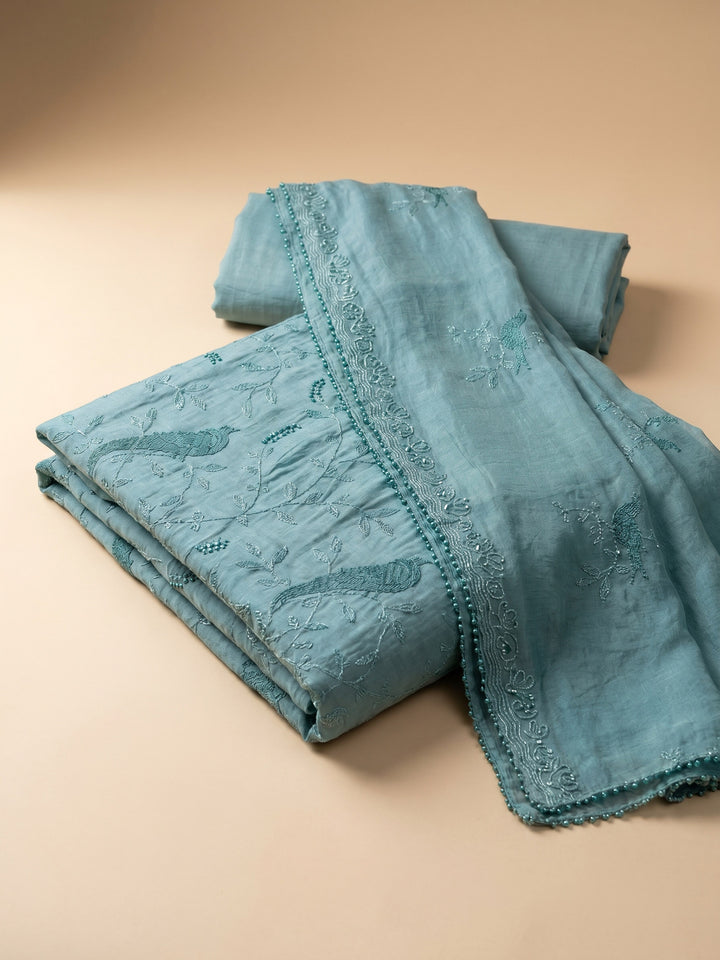 Sky Blue Embroidered Chanderi Unstitched Suit &amp; Pant With Chanderi Dupatta