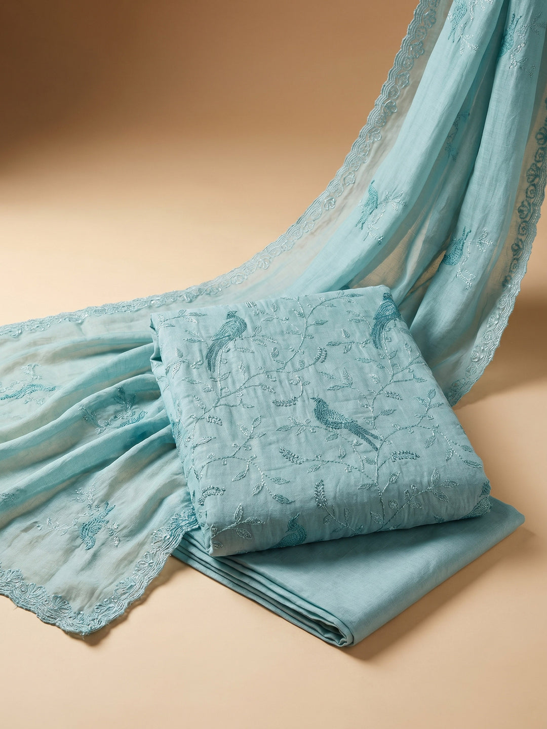 Sky Blue Embroidered Chanderi Unstitched Suit &amp; Pant With Chanderi Dupatta