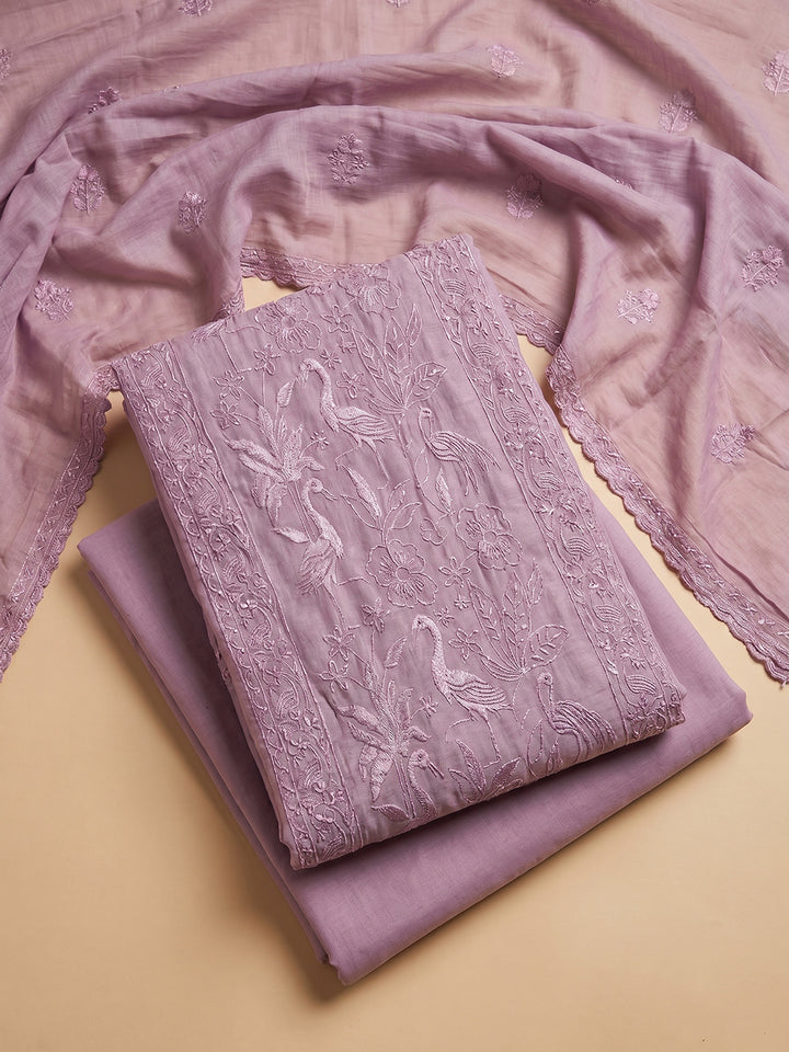 Lavender Embroidered Chanderi Unstitched Suit With Pant &amp; Dupatta